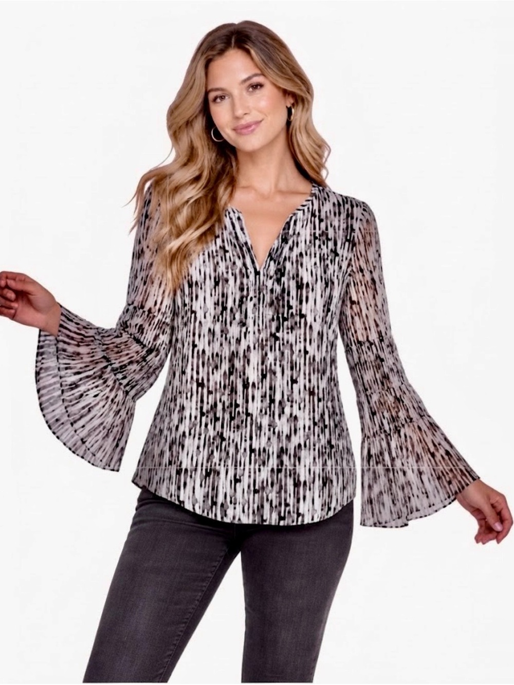 H Halston Black White Watercolor Print Blouse Top Small S/P Smocked Bell Sleeve